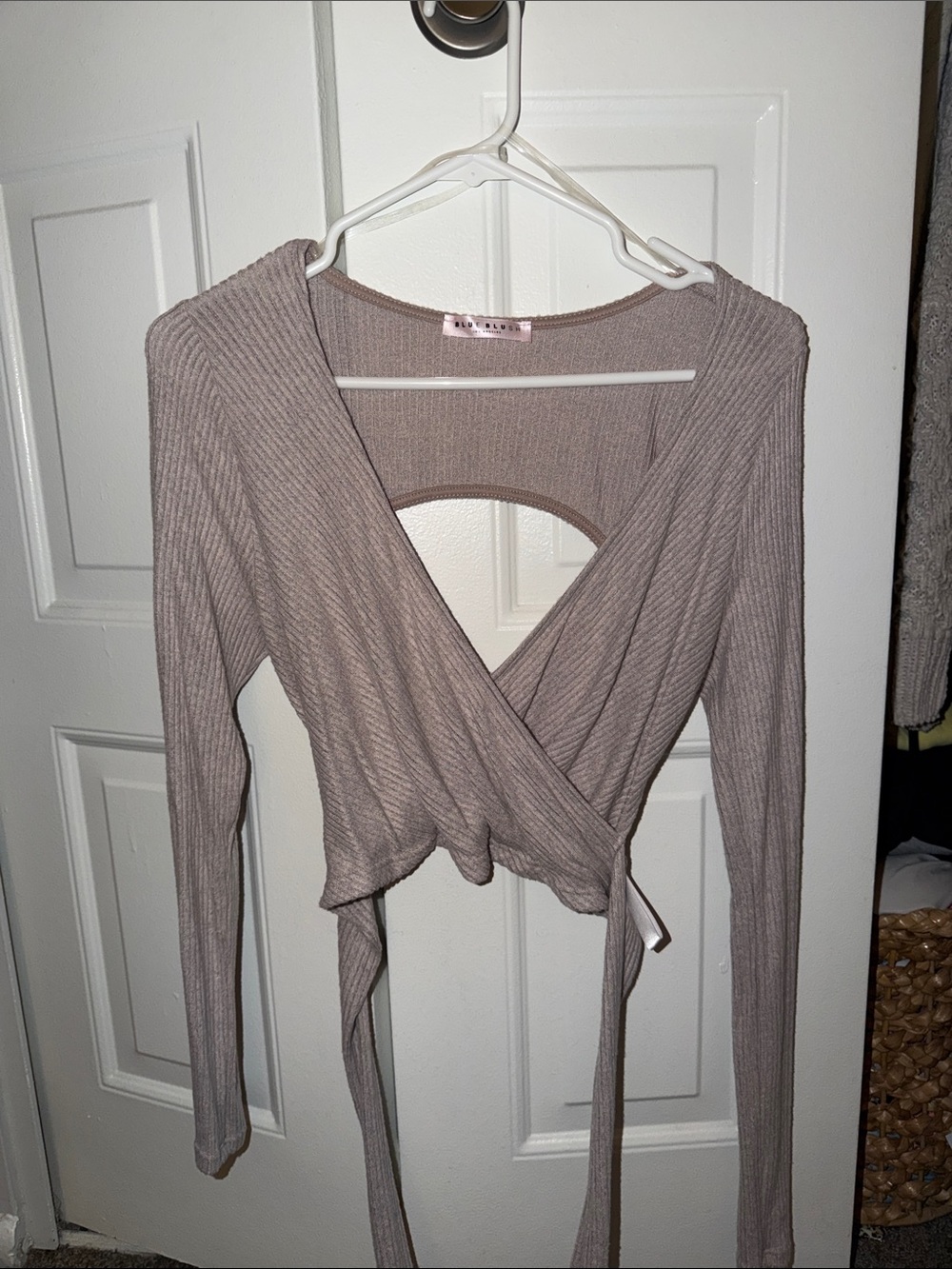 Ribbed Wrap Long-Sleeve Top in Mauve - Unbranded